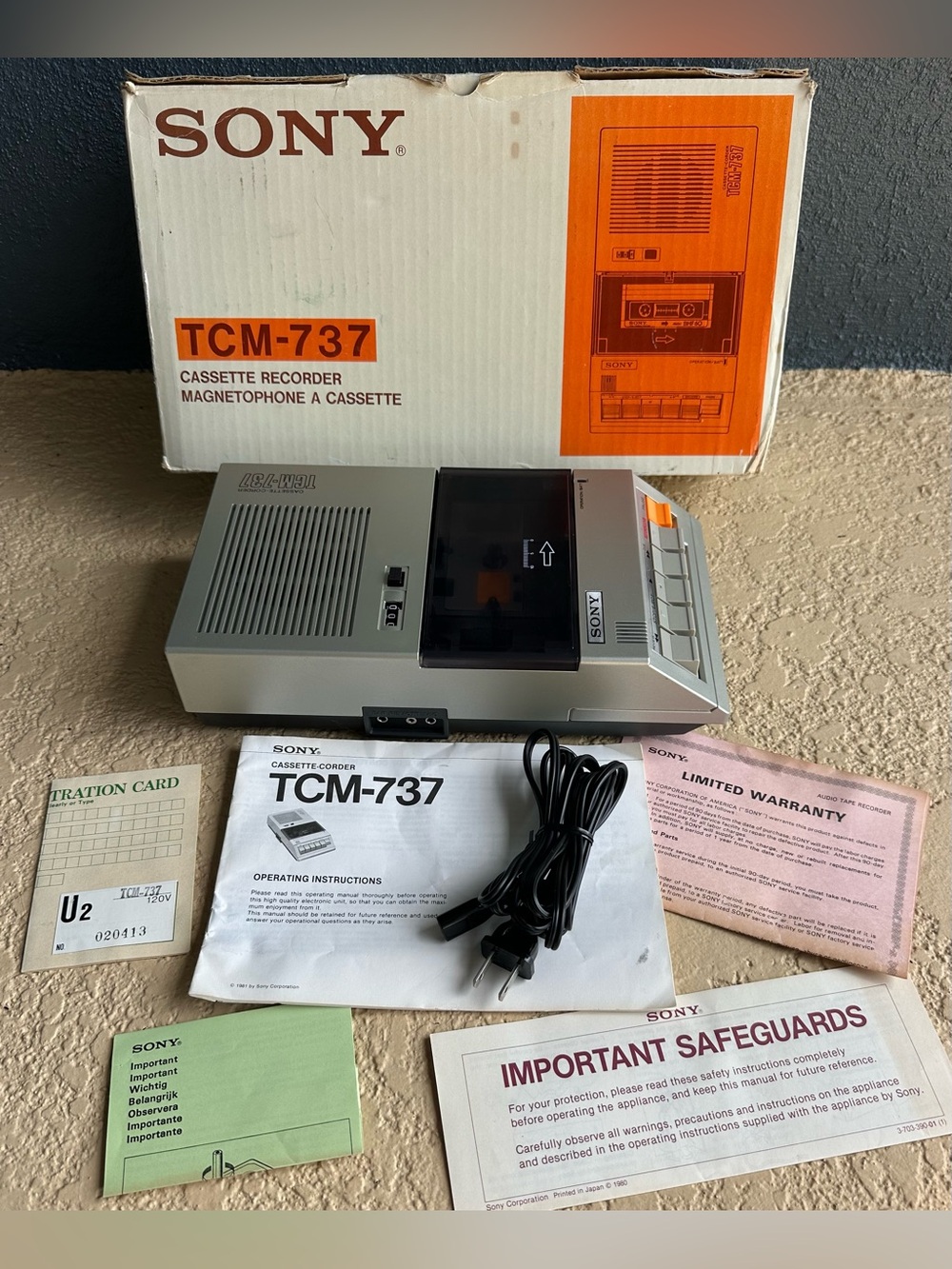 SONY Cassette-Corder TCM-737 VGC w/Power Cord, Box, Manual and Inserts Rare CIB